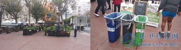旧金山周三农夫市集上摆放标识清晰的分类垃圾桶